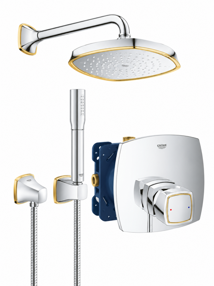 Grohe Grandera Ankastre Banyo/Duş Bataryası, Tepe ve El Duşu Seti, Krom-Altın